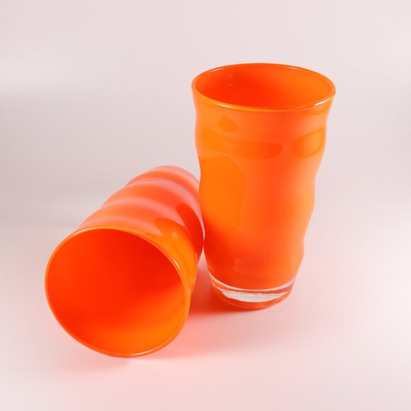 Rio by Dansk Flat Tumblers Orange Wavy Ripple Blown Glass 16 oz Set of Two - Picture 3 of 4